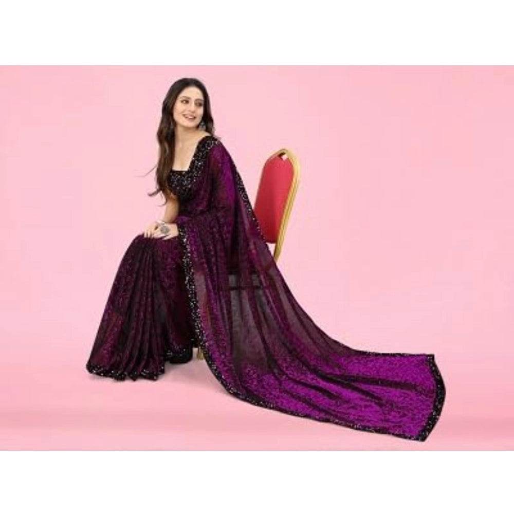 Generic Women's Lycra Floral Saree With Unstitched Blouse (Wine, 5.5 Mtr) - MYLUXURY LANE ENTERPRISE