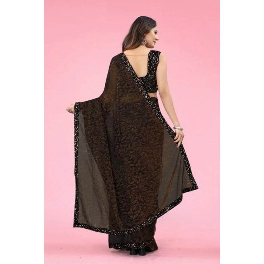 Generic Women's Lycra Floral Saree With Unstitched Blouse (Brown, 5.5 Mtr) - MYLUXURY LANE ENTERPRISE