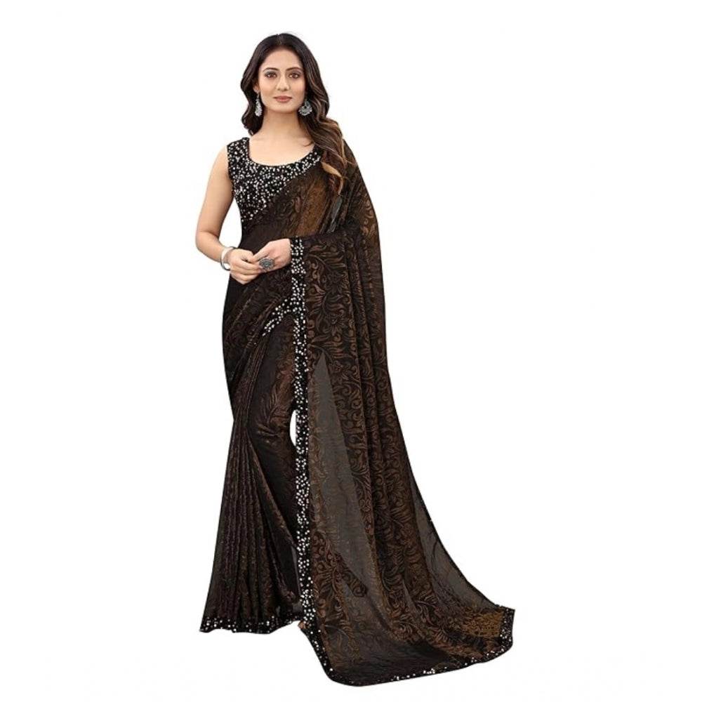 Generic Women's Lycra Floral Saree With Unstitched Blouse (Brown, 5.5 Mtr) - MYLUXURY LANE ENTERPRISE