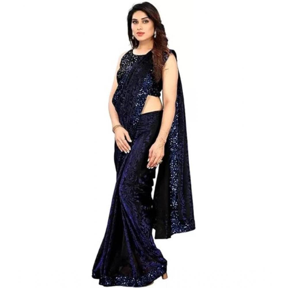 Generic Women's Lycra Floral Saree With Unstitched Blouse (Blue, 5.5 Mtr) - MYLUXURY LANE ENTERPRISE