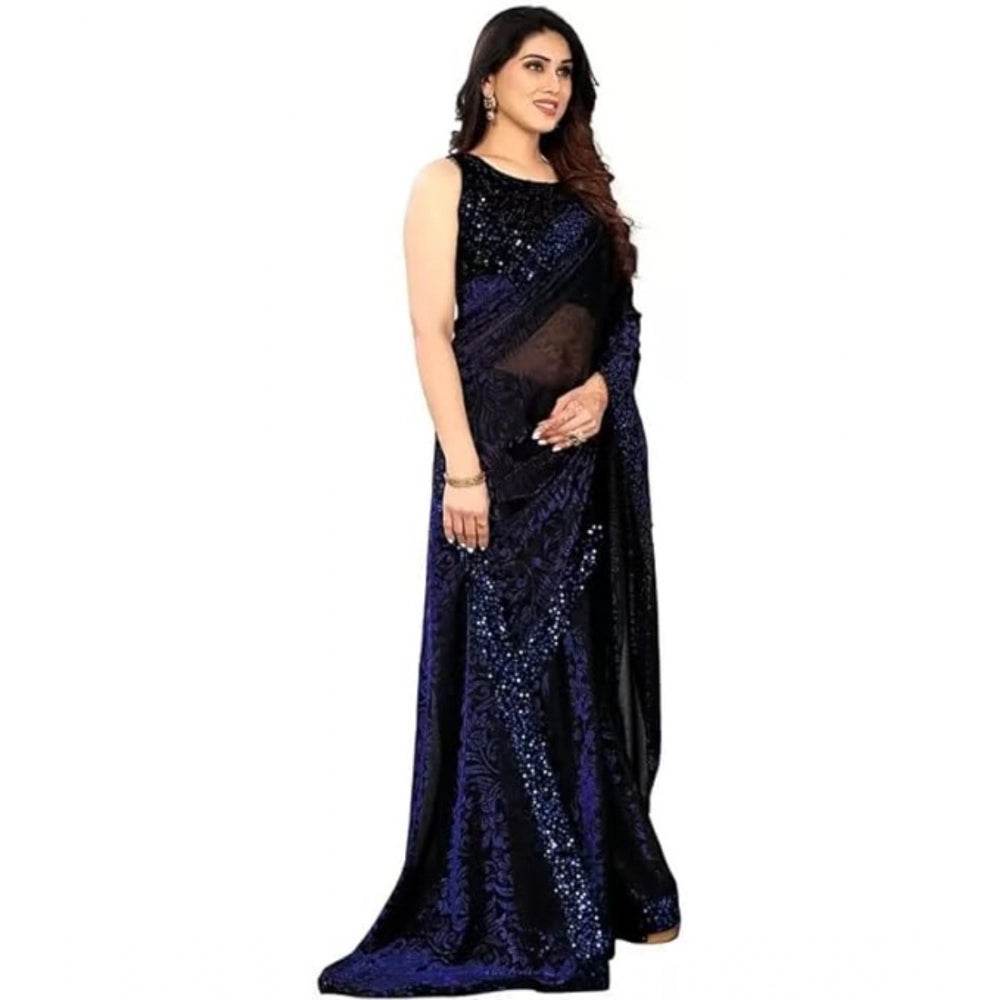 Generic Women's Lycra Floral Saree With Unstitched Blouse (Blue, 5.5 Mtr) - MYLUXURY LANE ENTERPRISE