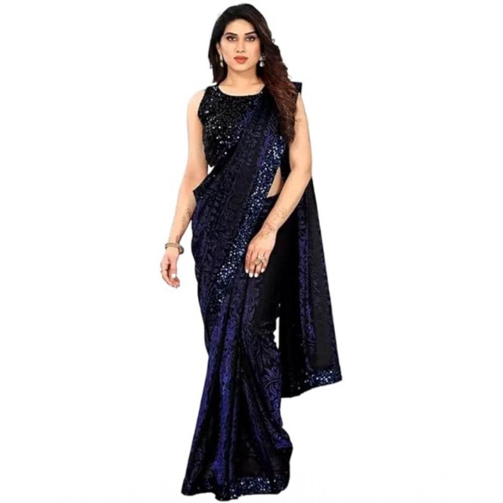 Generic Women's Lycra Floral Saree With Unstitched Blouse (Blue, 5.5 Mtr) - MYLUXURY LANE ENTERPRISE