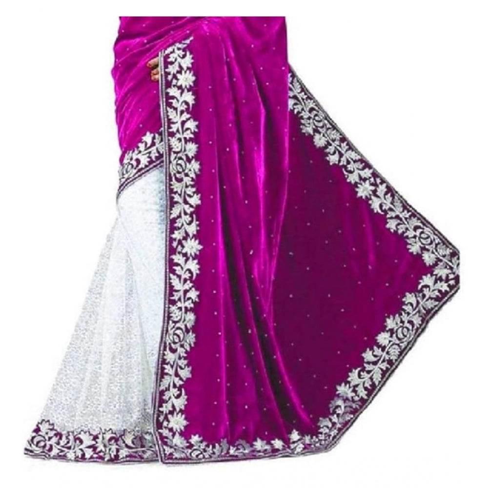 Generic Women's Velvet Embroidered Saree With Unstitched Blouse (Pink, 5.5 Mtr) - MYLUXURY LANE ENTERPRISE