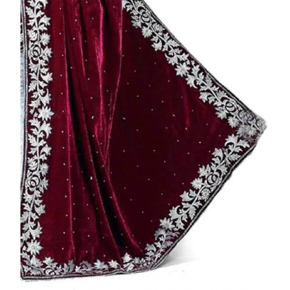 Generic Women's Velvet Embroidered Saree With Unstitched Blouse (Maroon, 5.5 Mtr) - MYLUXURY LANE ENTERPRISE
