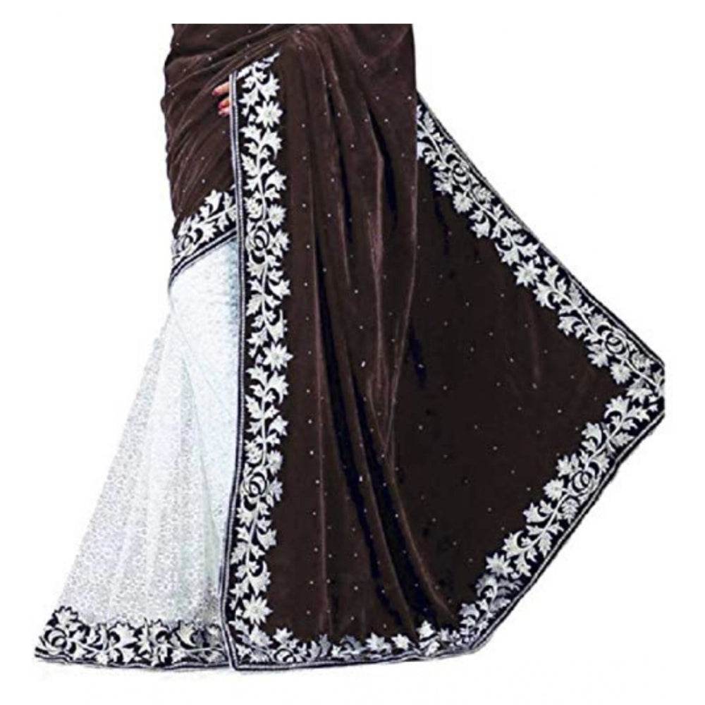 Generic Women's Velvet Embroidered Saree With Unstitched Blouse (Brown, 5.5 Mtr) - MYLUXURY LANE ENTERPRISE