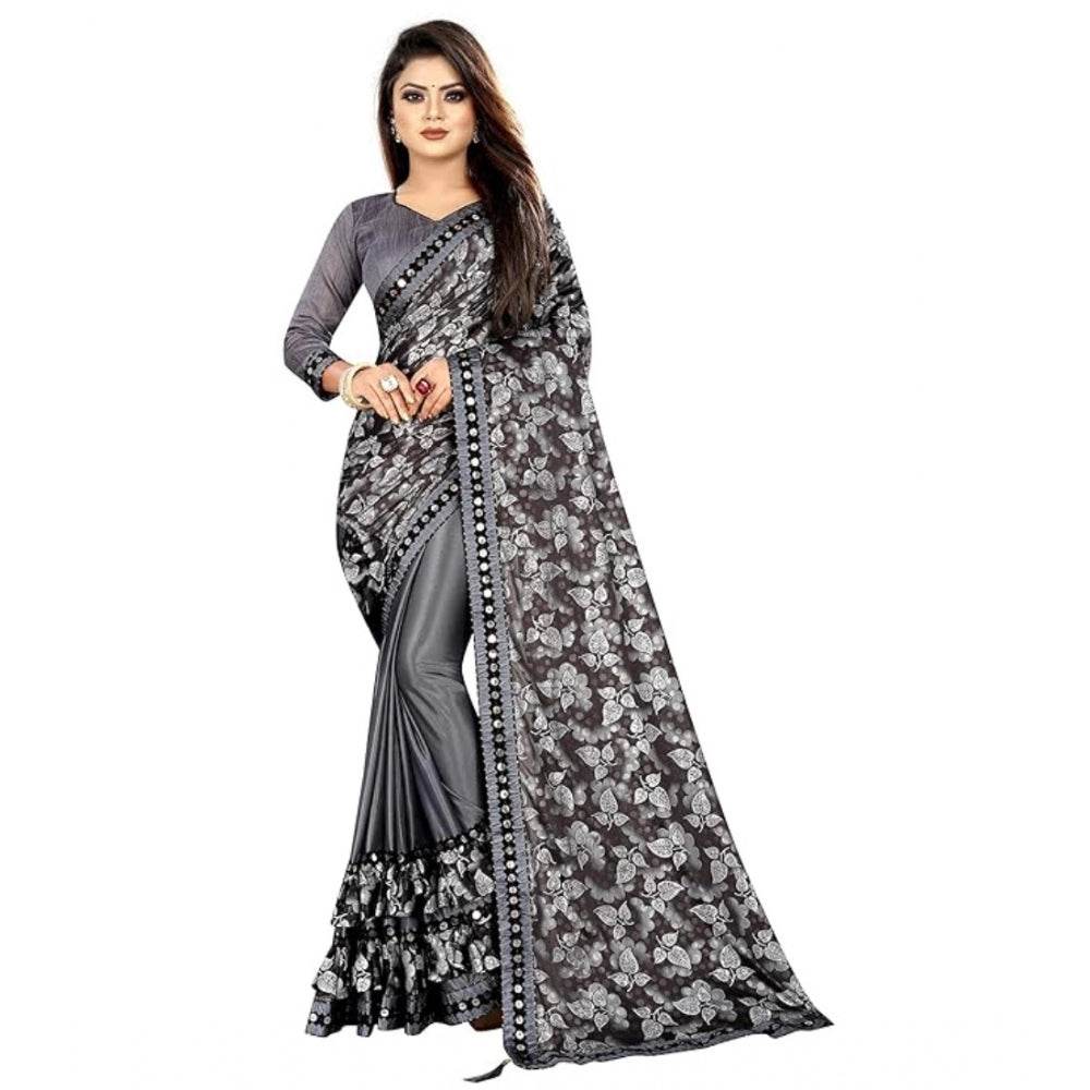 Generic Women's Lycra Solid Saree With Unstitched Blouse (Grey, 5.5 Mtr) - MYLUXURY LANE ENTERPRISE
