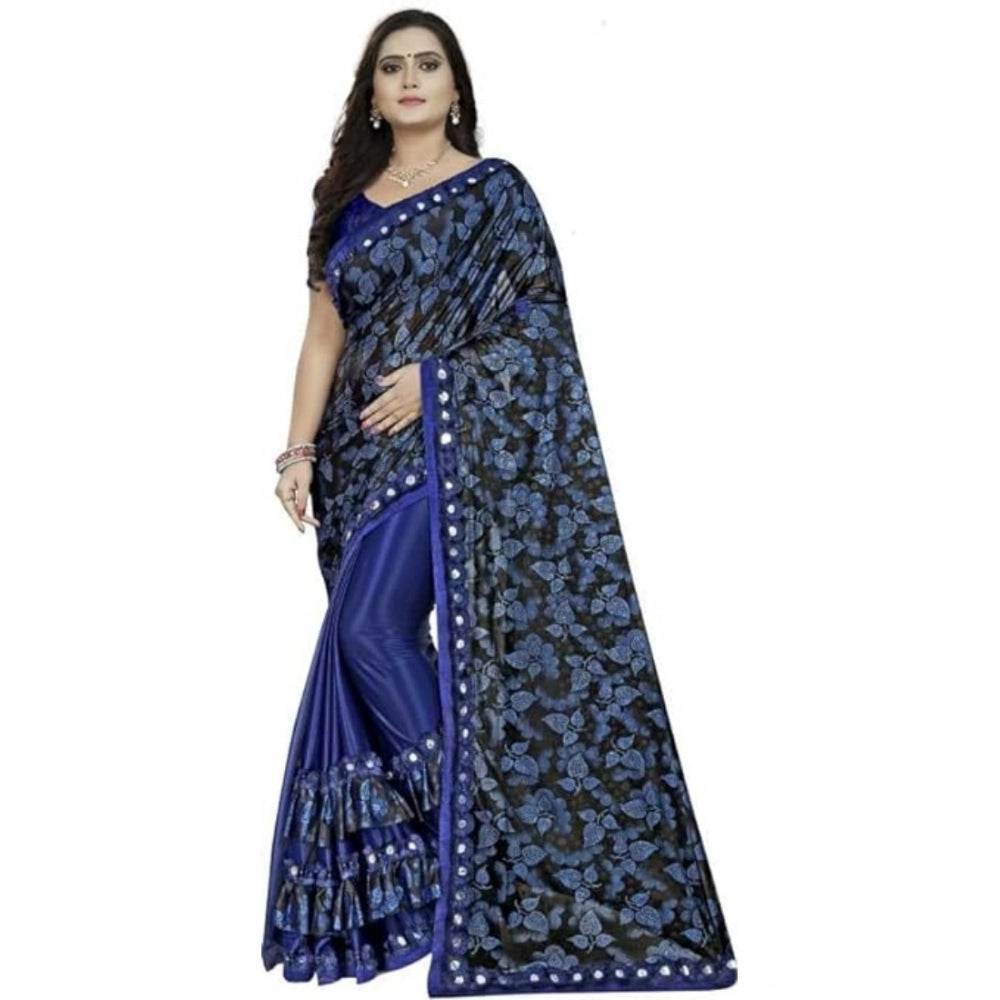Generic Women's Lycra Solid Saree With Unstitched Blouse (Blue, 5.5 Mtr) - MYLUXURY LANE ENTERPRISE