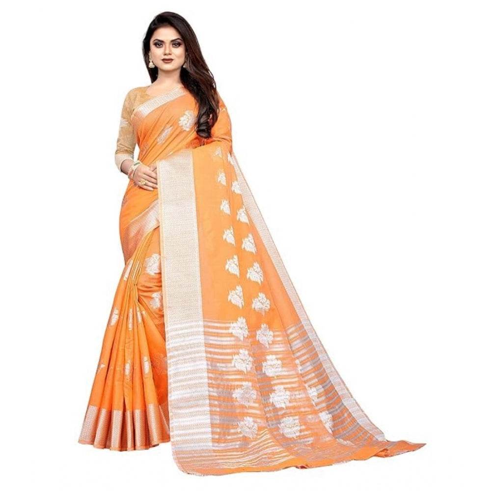Generic Women's Cotton Silk Floral Saree With Unstitched Blouse (Orange, 5.5 Mtr) - MYLUXURY LANE ENTERPRISE