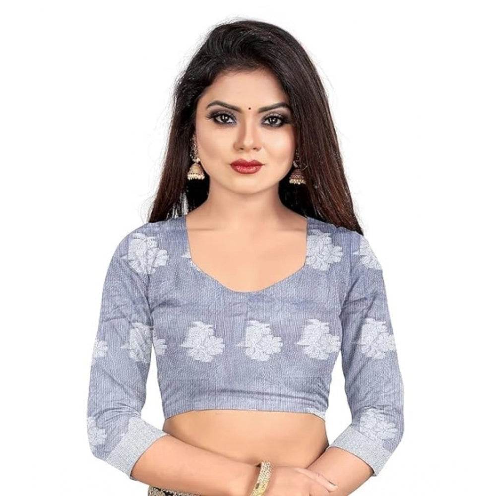 Generic Women's Cotton Silk Floral Saree With Unstitched Blouse (Grey, 5.5 Mtr) - MYLUXURY LANE ENTERPRISE