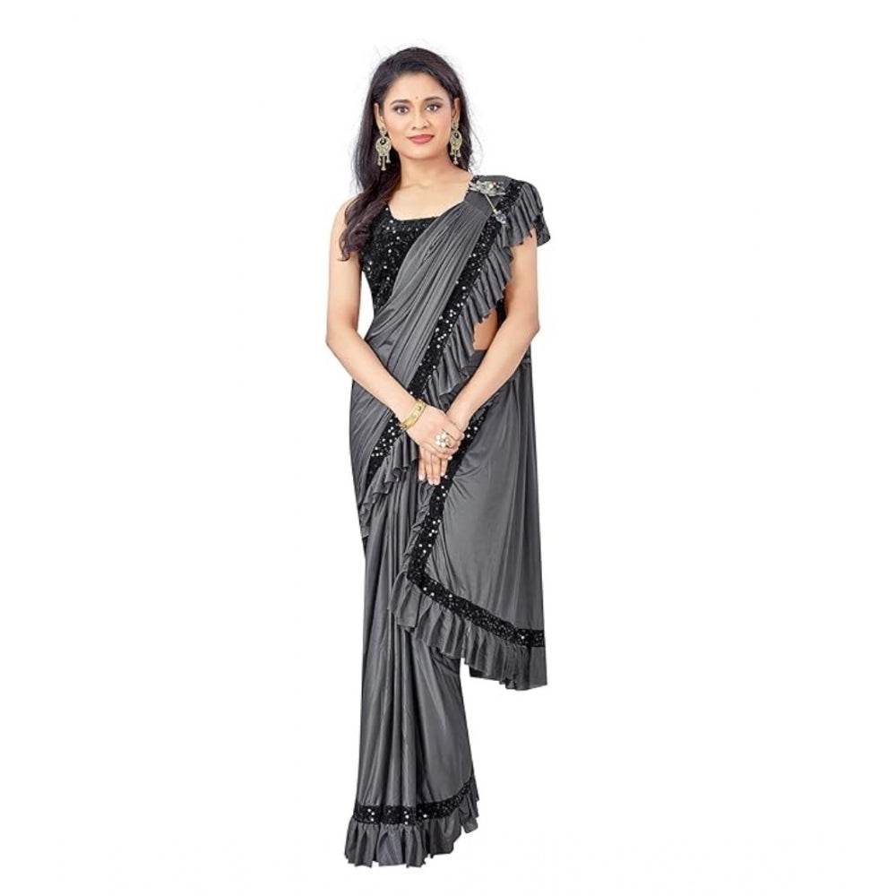 Generic Women's Lycra Solid Saree With Unstitched Blouse (Grey, 5.5 Mtr) - MYLUXURY LANE ENTERPRISE