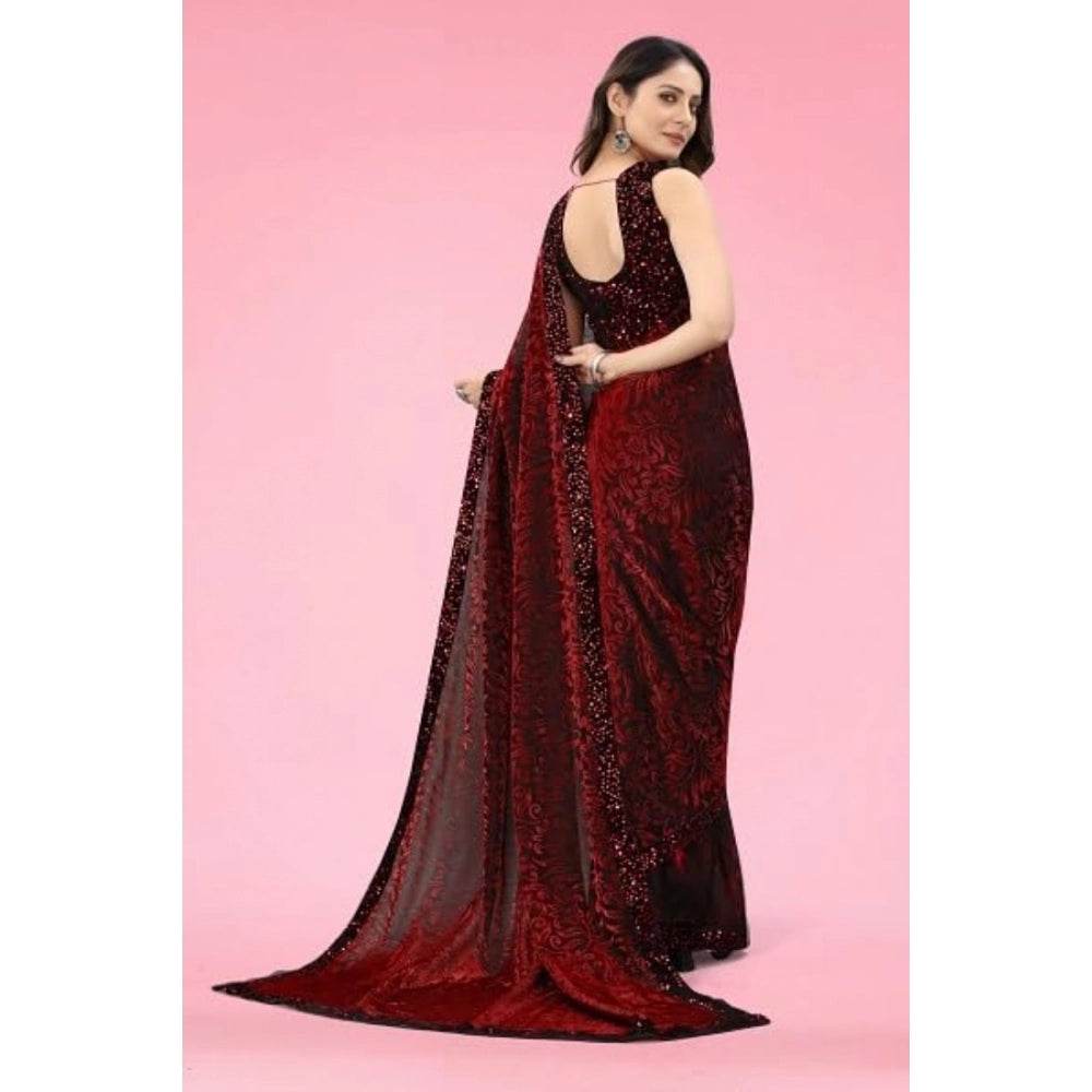 Generic Women's Lycra Floral Saree With Unstitched Blouse (Maroon, 5.5 Mtr) - MYLUXURY LANE ENTERPRISE