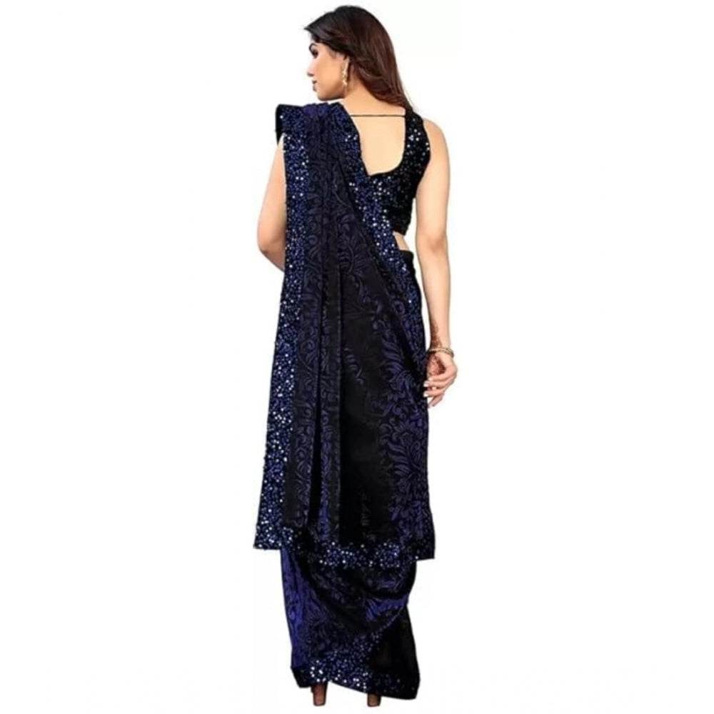 Generic Women's Lycra Floral Saree With Unstitched Blouse (Blue, 5.5 Mtr) - MYLUXURY LANE ENTERPRISE
