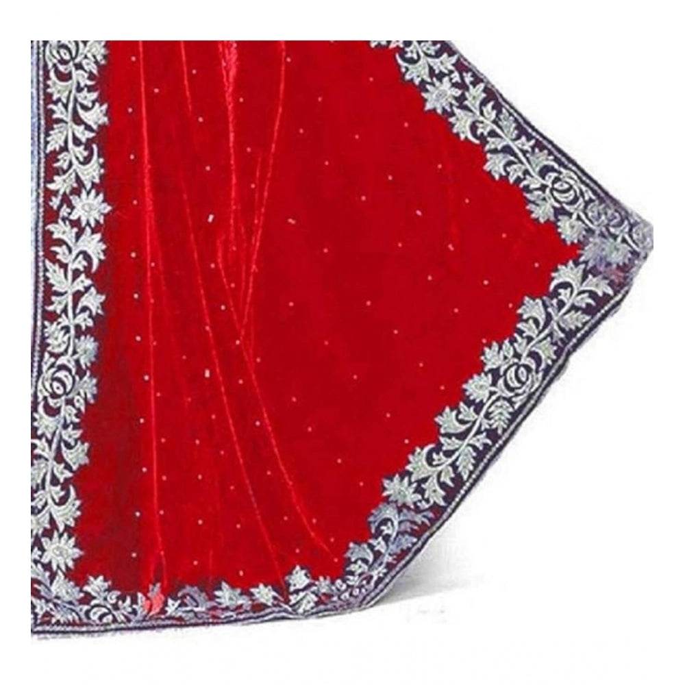 Generic Women's Velvet Embroidered Saree With Unstitched Blouse (Red, 5.5 Mtr) - MYLUXURY LANE ENTERPRISE