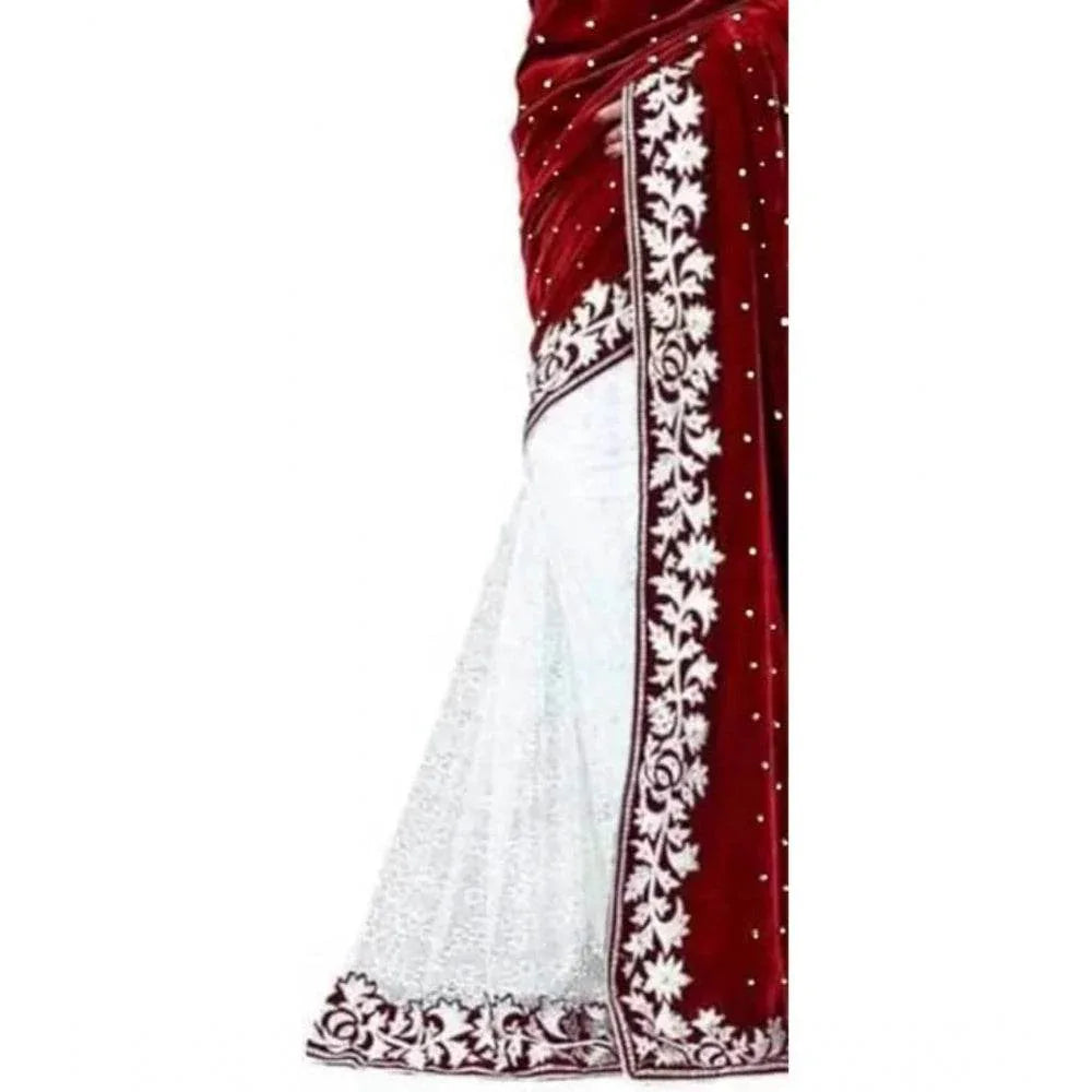 Generic Women's Velvet Embroidered Saree With Unstitched Blouse (Maroon, 5.5 Mtr) - MYLUXURY LANE ENTERPRISE
