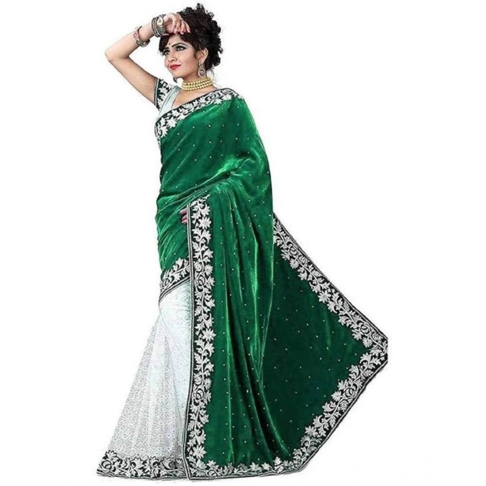 Generic Women's Velvet Embroidered Saree With Unstitched Blouse (Green, 5.5 Mtr) - MYLUXURY LANE ENTERPRISE