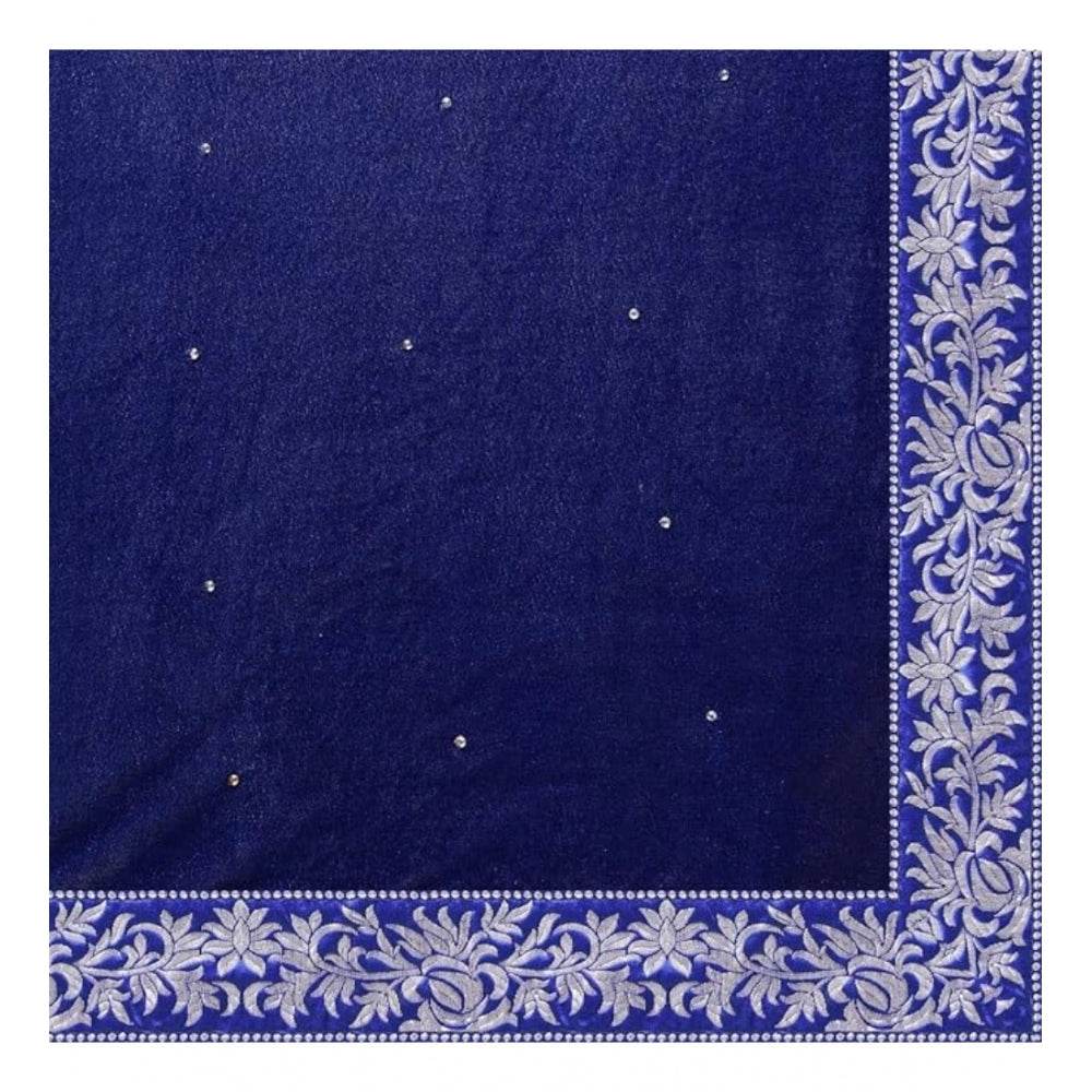 Generic Women's Velvet Embroidered Saree With Unstitched Blouse (Blue, 5.5 Mtr) - MYLUXURY LANE ENTERPRISE