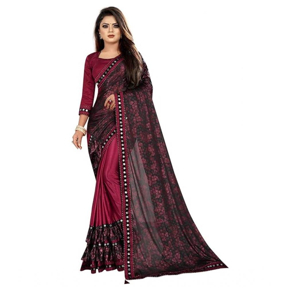 Generic Women's Lycra Solid Saree With Unstitched Blouse (Maroon, 5.5 Mtr) - MYLUXURY LANE ENTERPRISE