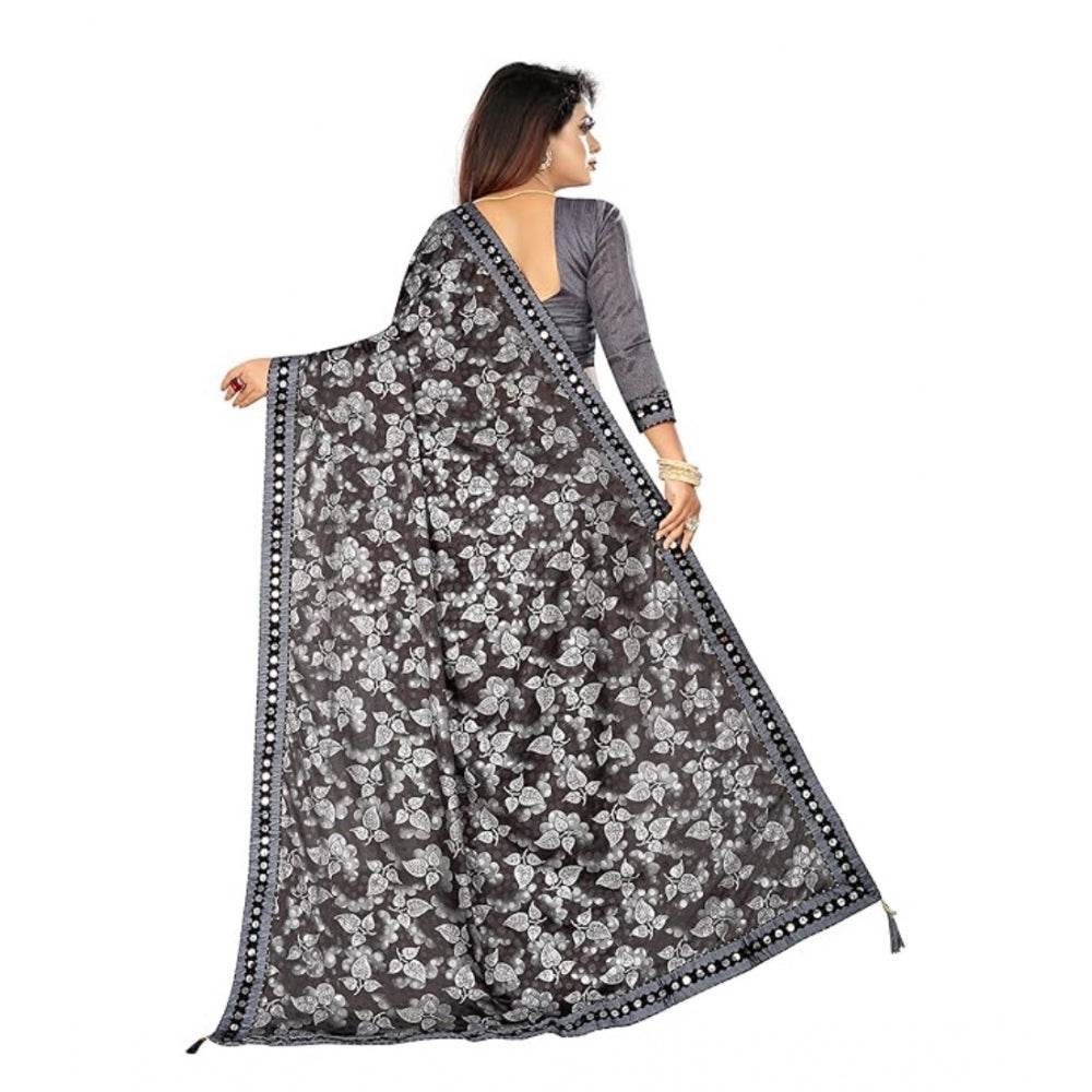 Generic Women's Lycra Solid Saree With Unstitched Blouse (Grey, 5.5 Mtr) - MYLUXURY LANE ENTERPRISE