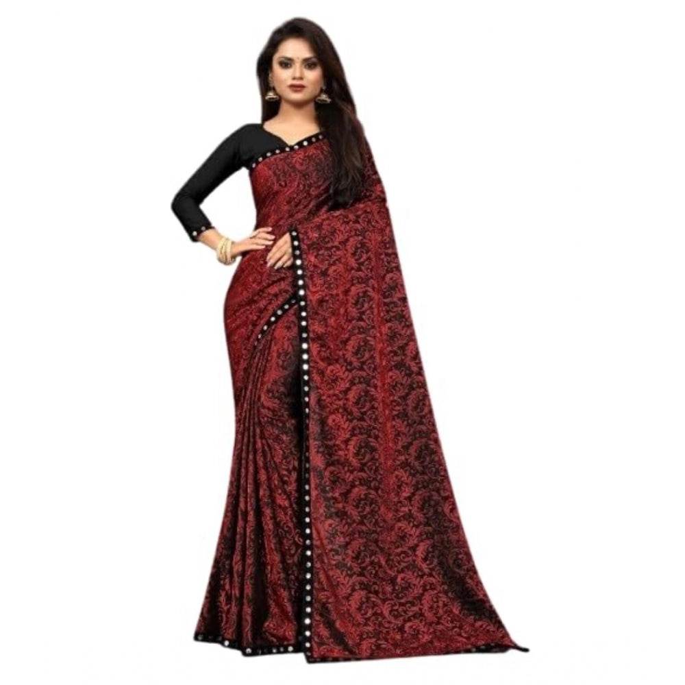 Generic Women's Lycra Solid Saree With Unstitched Blouse (Maroon, 5.5 Mtr) - MYLUXURY LANE ENTERPRISE