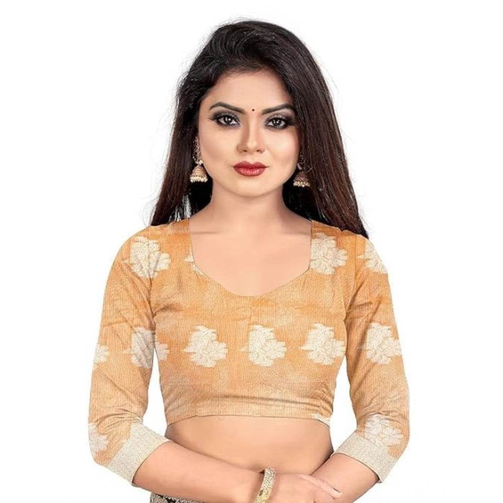 Generic Women's Cotton Silk Floral Saree With Unstitched Blouse (Orange, 5.5 Mtr) - MYLUXURY LANE ENTERPRISE