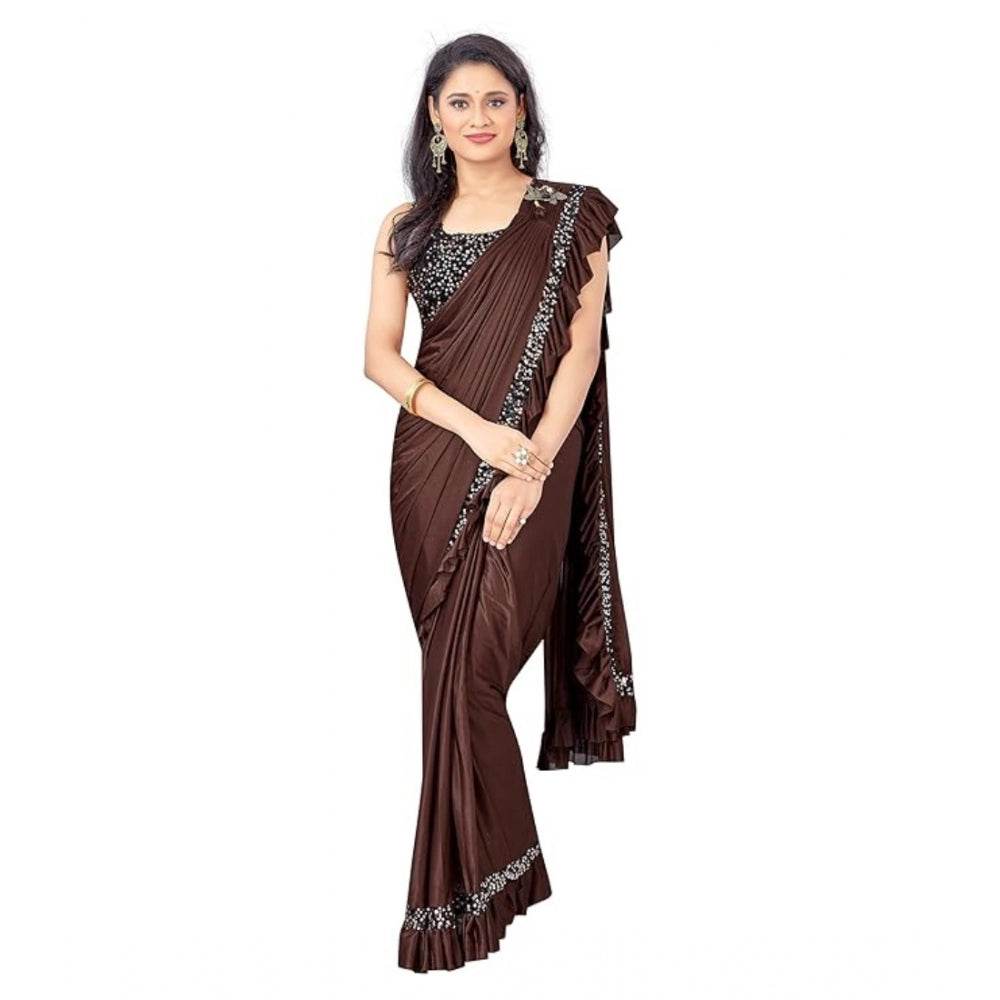 Generic Women's Lycra Solid Saree With Unstitched Blouse (Brown, 5.5 Mtr) - MYLUXURY LANE ENTERPRISE
