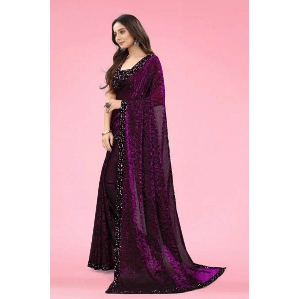 Generic Women's Lycra Floral Saree With Unstitched Blouse (Wine, 5.5 Mtr) - MYLUXURY LANE ENTERPRISE