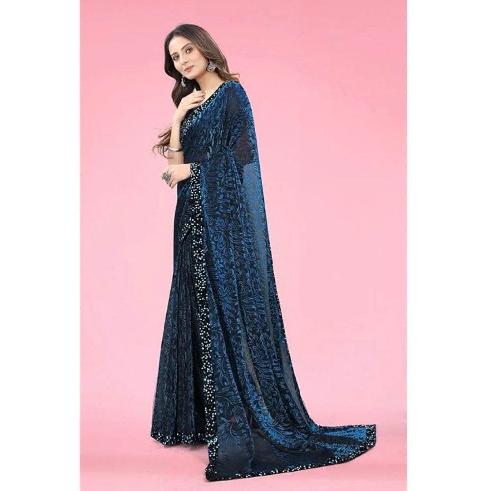 Generic Women's Lycra Floral Saree With Unstitched Blouse (Blue, 5.5 Mtr) - MYLUXURY LANE ENTERPRISE