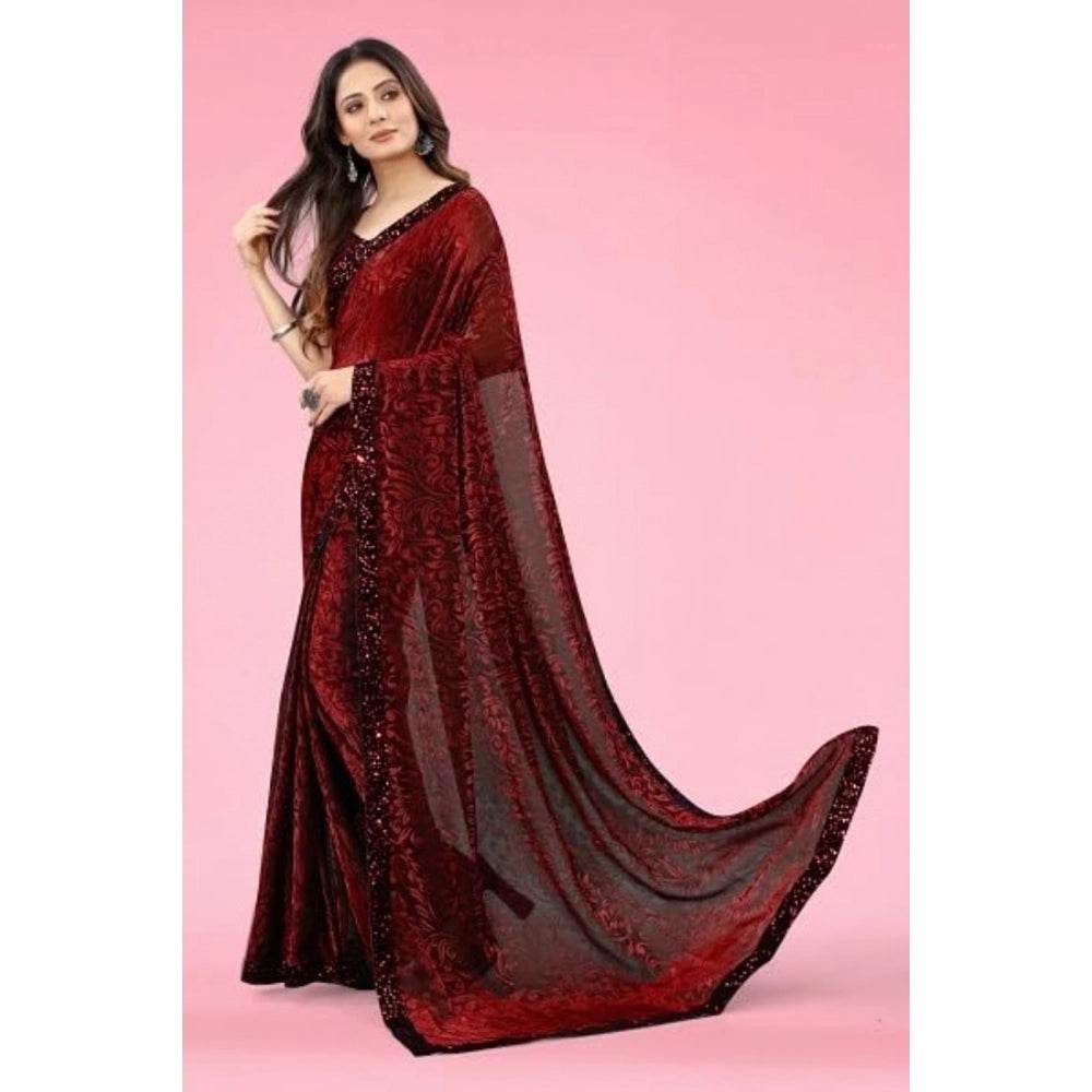 Generic Women's Lycra Floral Saree With Unstitched Blouse (Maroon, 5.5 Mtr) - MYLUXURY LANE ENTERPRISE