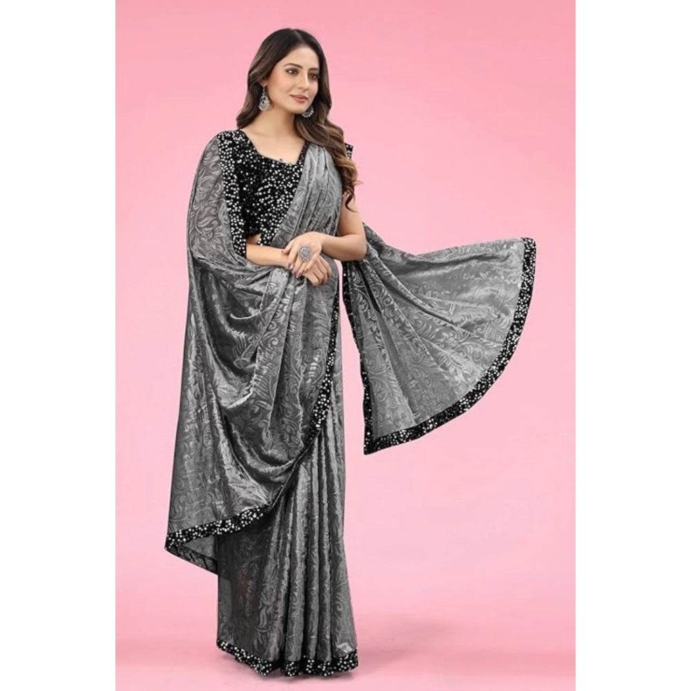 Generic Women's Lycra Floral Saree With Unstitched Blouse (Grey, 5.5 Mtr) - MYLUXURY LANE ENTERPRISE
