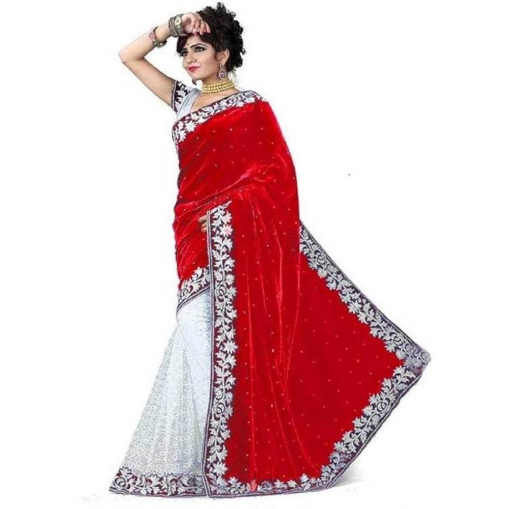 Generic Women's Velvet Embroidered Saree With Unstitched Blouse (Red, 5.5 Mtr) - MYLUXURY LANE ENTERPRISE