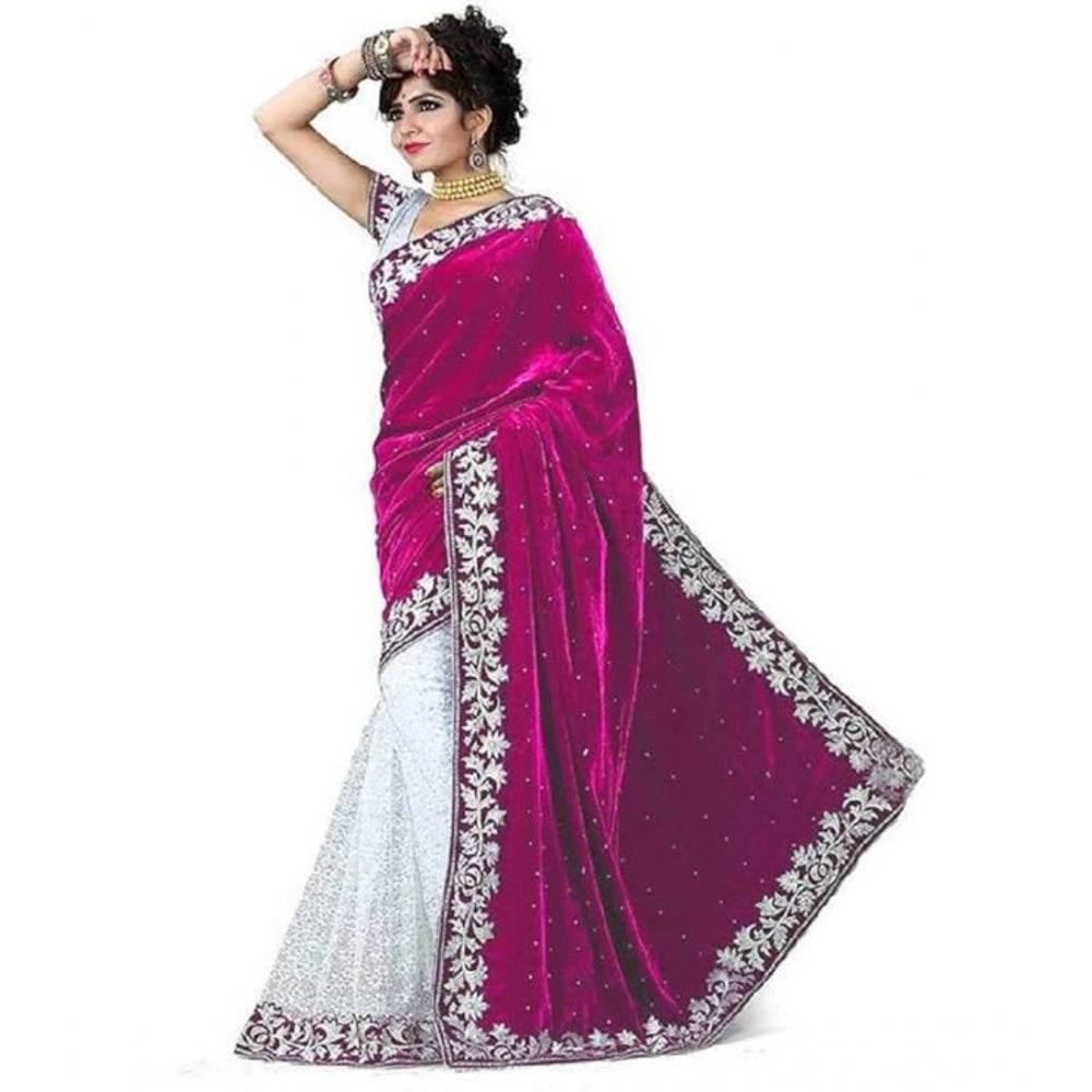 Generic Women's Velvet Embroidered Saree With Unstitched Blouse (Pink, 5.5 Mtr) - MYLUXURY LANE ENTERPRISE