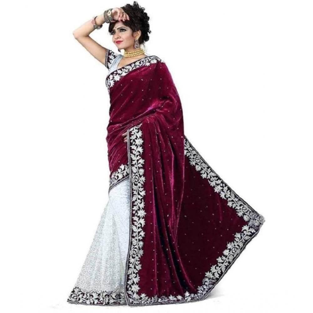 Generic Women's Velvet Embroidered Saree With Unstitched Blouse (Maroon, 5.5 Mtr) - MYLUXURY LANE ENTERPRISE