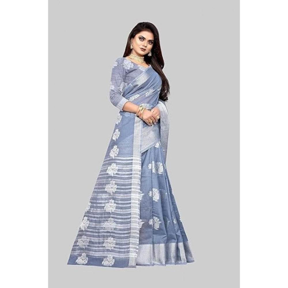 Generic Women's Cotton Silk Floral Saree With Unstitched Blouse (Grey, 5.5 Mtr) - MYLUXURY LANE ENTERPRISE