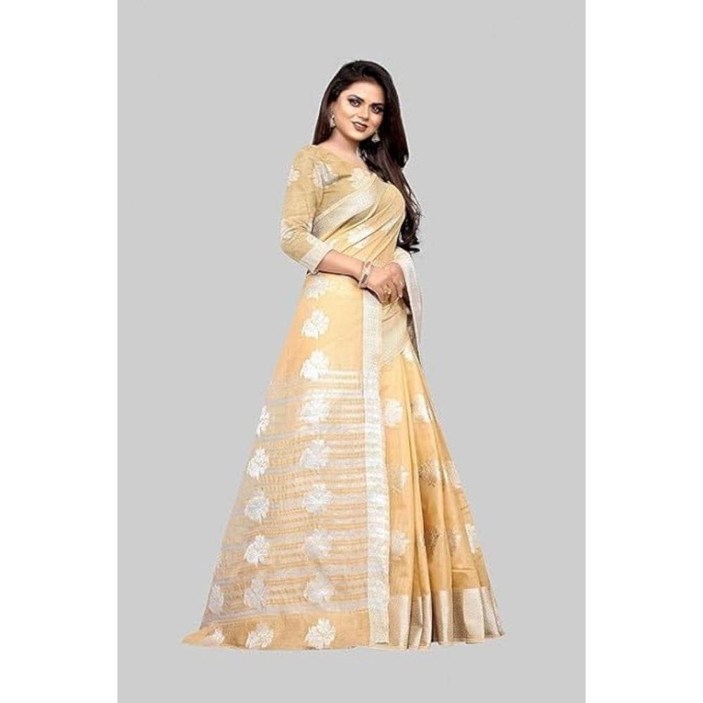 Generic Women's Cotton Silk Floral Saree With Unstitched Blouse (Beige, 5.5 Mtr) - MYLUXURY LANE ENTERPRISE