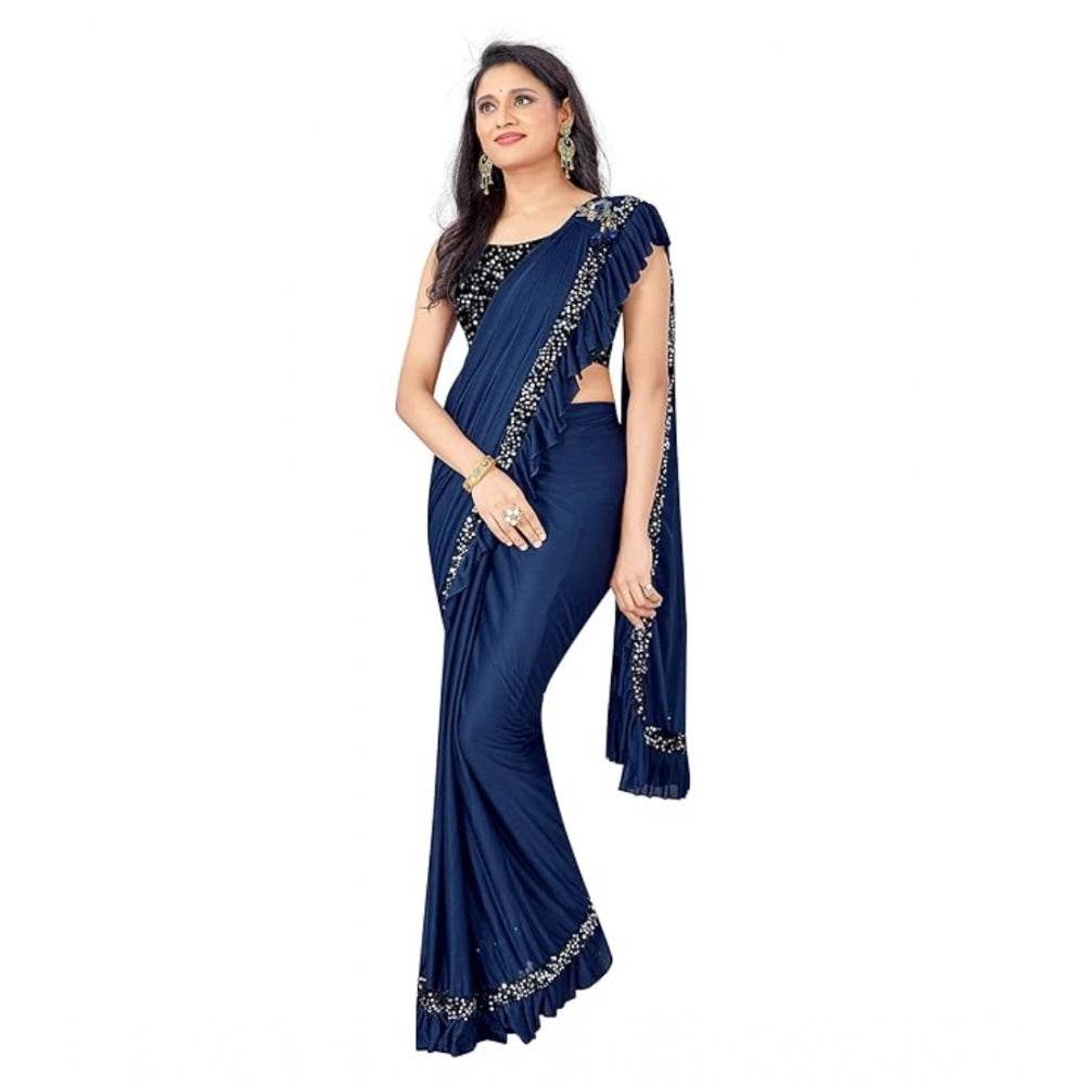 Generic Women's Lycra Solid Saree With Unstitched Blouse (Nay Blue, 5.5 Mtr) - MYLUXURY LANE ENTERPRISE