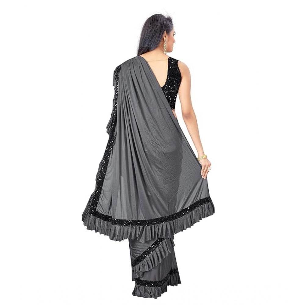 Generic Women's Lycra Solid Saree With Unstitched Blouse (Grey, 5.5 Mtr) - MYLUXURY LANE ENTERPRISE