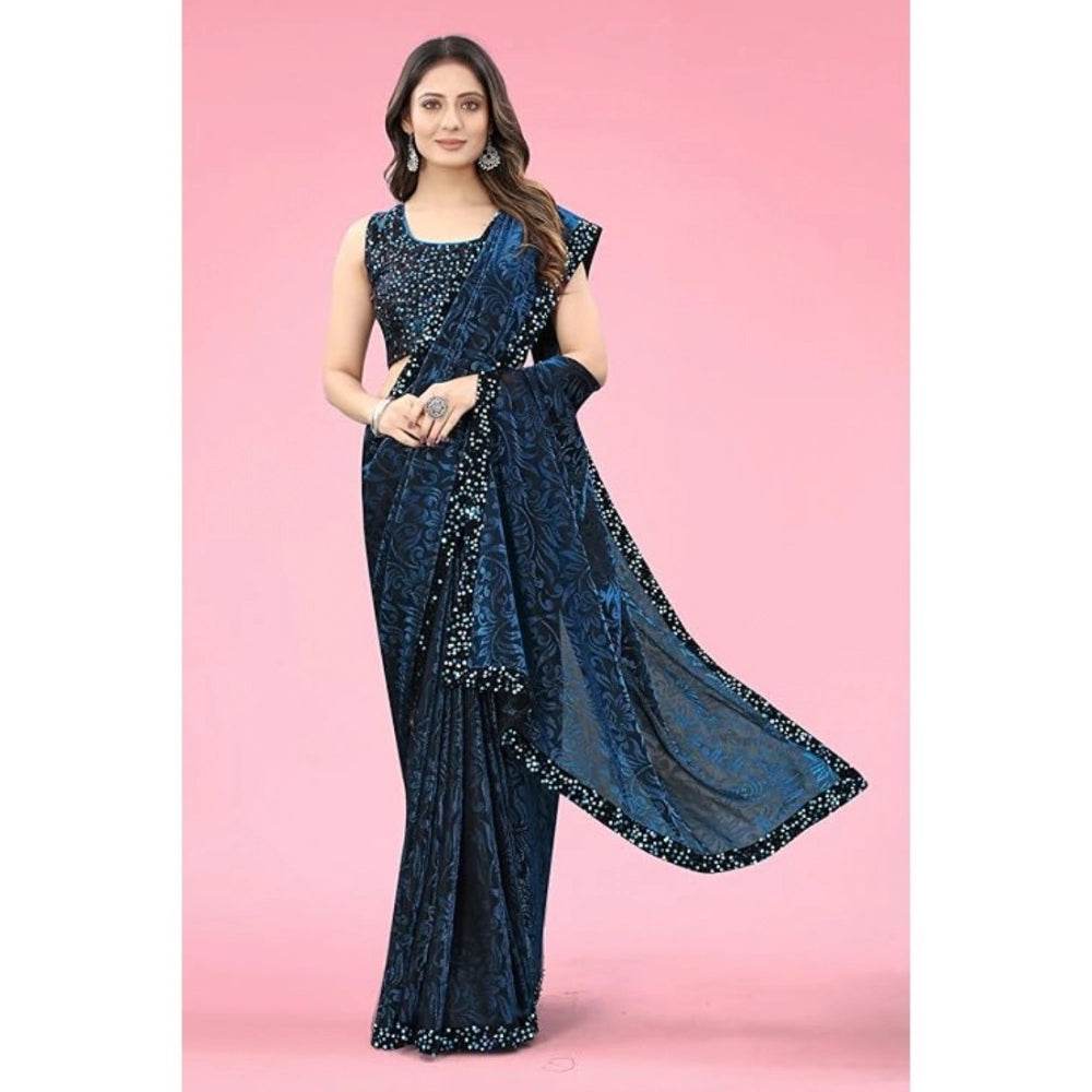 Generic Women's Lycra Floral Saree With Unstitched Blouse (Blue, 5.5 Mtr) - MYLUXURY LANE ENTERPRISE