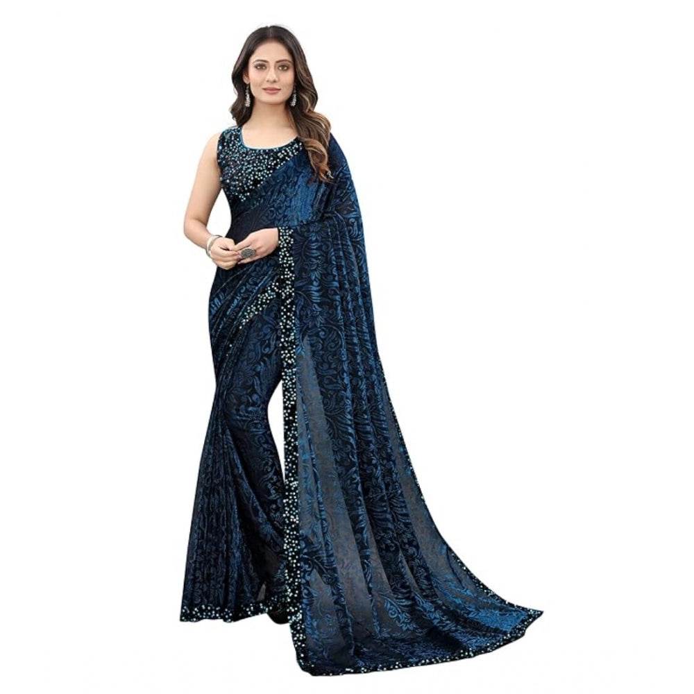 Generic Women's Lycra Floral Saree With Unstitched Blouse (Blue, 5.5 Mtr) - MYLUXURY LANE ENTERPRISE