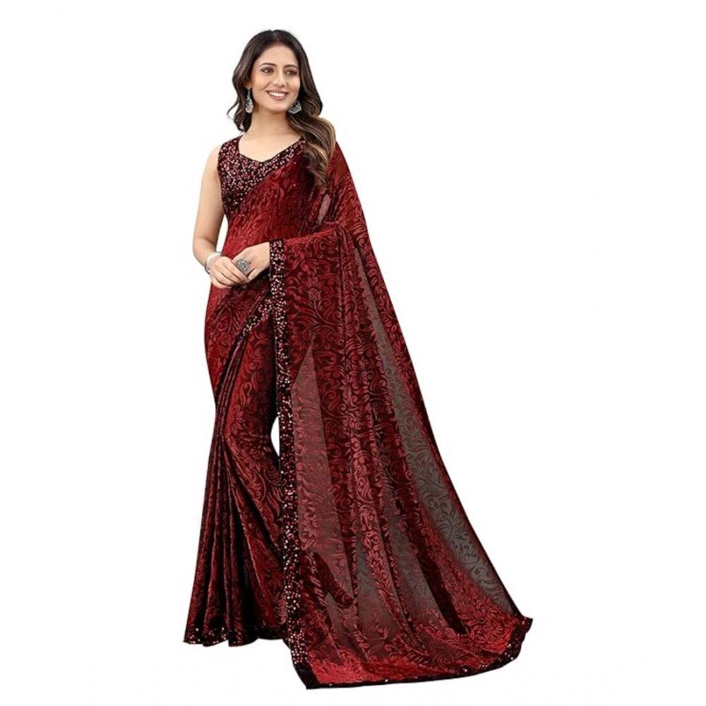 Generic Women's Lycra Floral Saree With Unstitched Blouse (Maroon, 5.5 Mtr) - MYLUXURY LANE ENTERPRISE