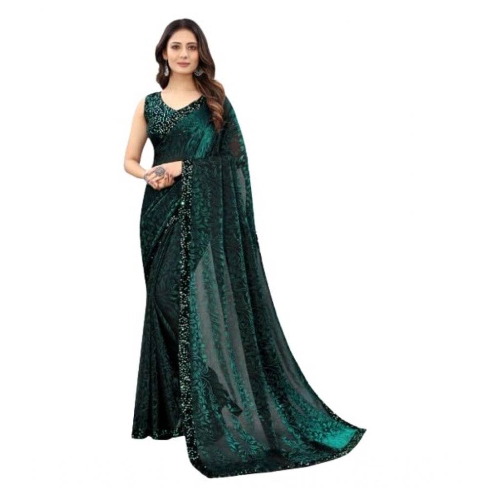 Generic Women's Lycra Floral Saree With Unstitched Blouse (Green, 5.5 Mtr) - MYLUXURY LANE ENTERPRISE