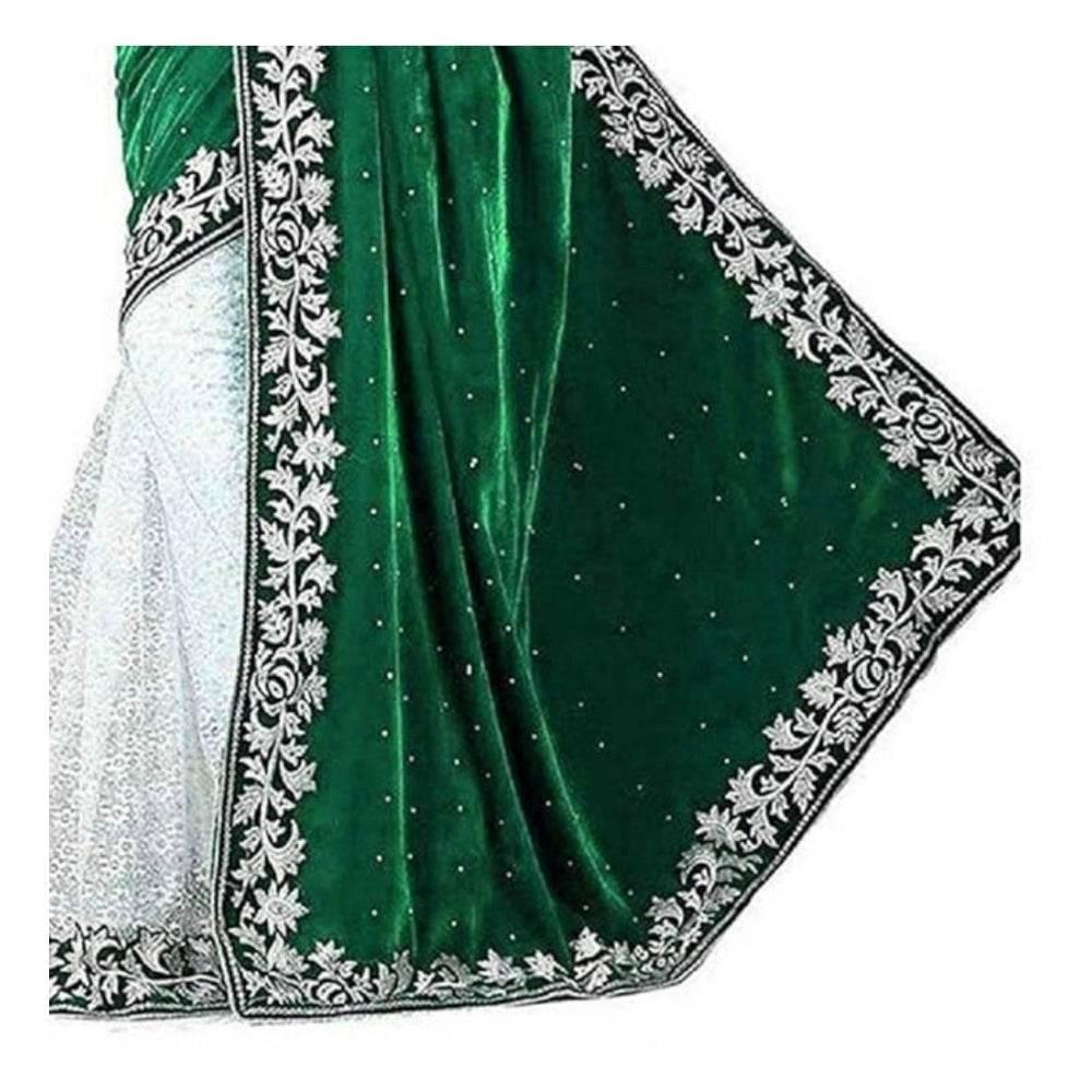 Generic Women's Velvet Embroidered Saree With Unstitched Blouse (Green, 5.5 Mtr) - MYLUXURY LANE ENTERPRISE