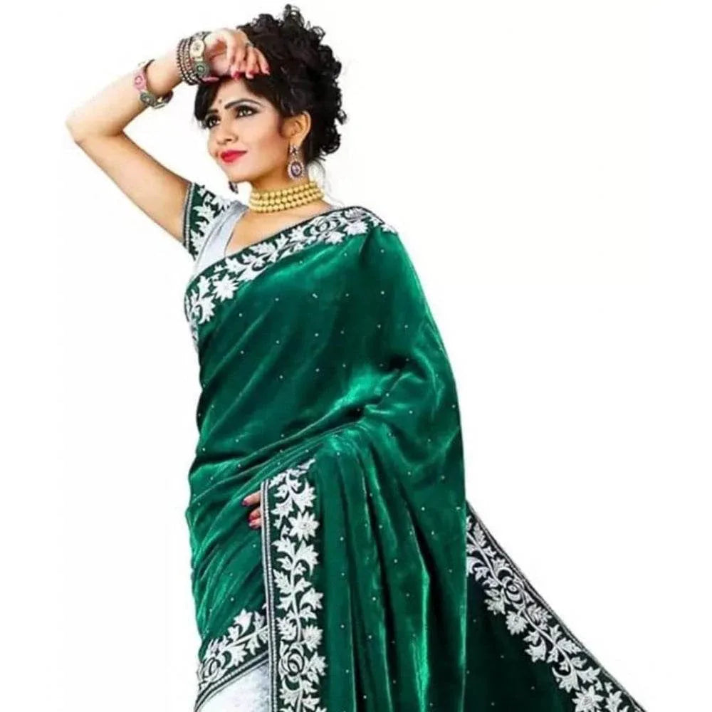 Generic Women's Velvet Embroidered Saree With Unstitched Blouse (Green, 5.5 Mtr) - MYLUXURY LANE ENTERPRISE