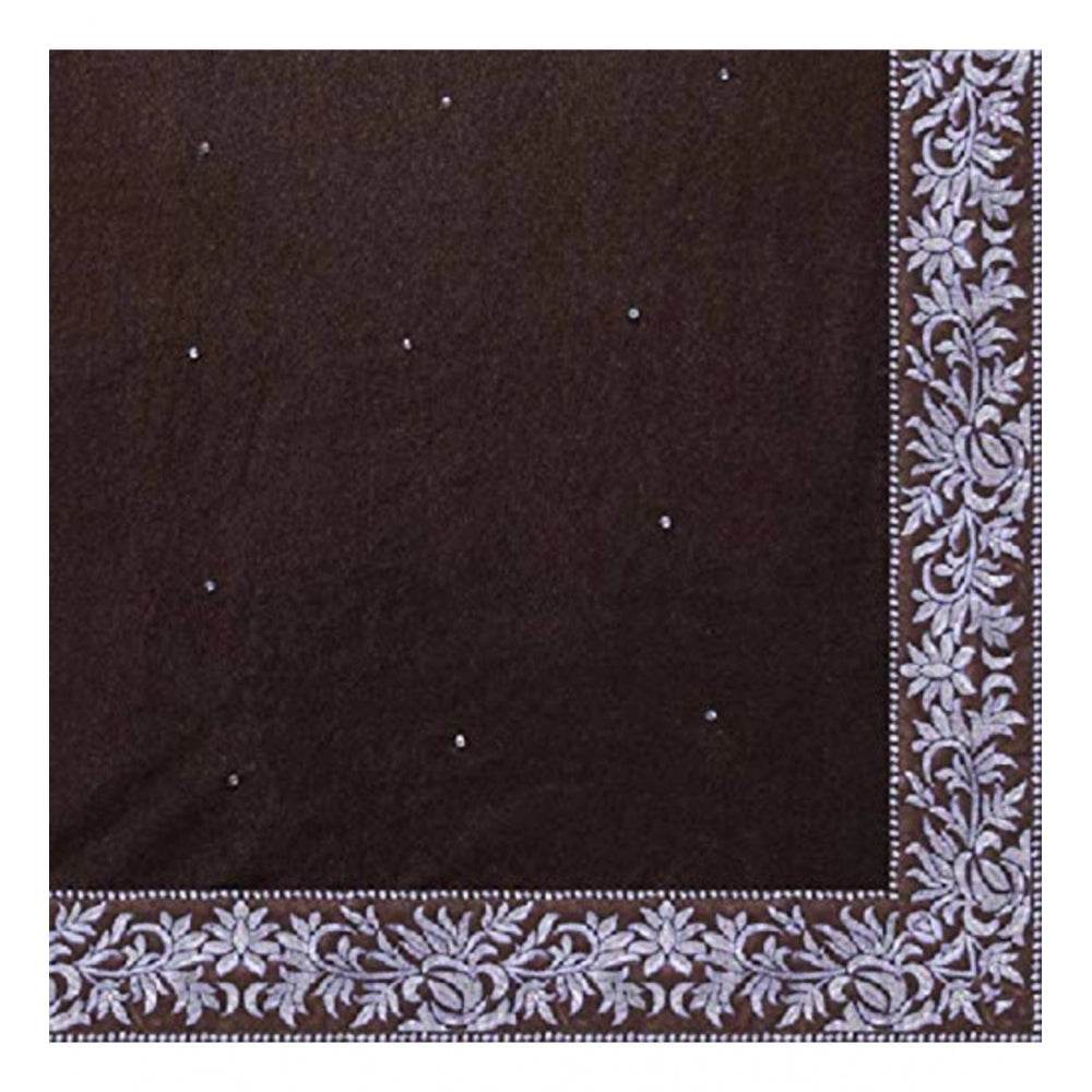 Generic Women's Velvet Embroidered Saree With Unstitched Blouse (Brown, 5.5 Mtr) - MYLUXURY LANE ENTERPRISE