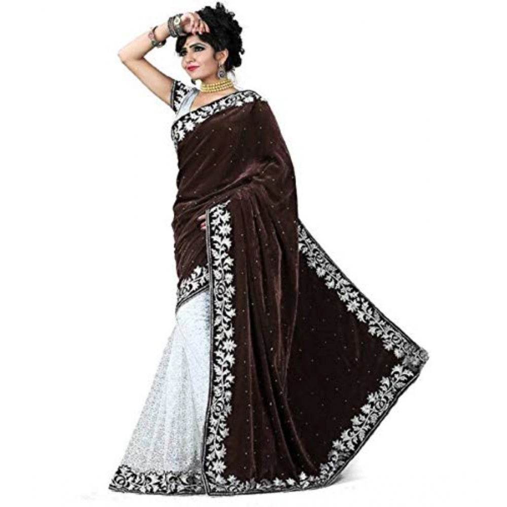 Generic Women's Velvet Embroidered Saree With Unstitched Blouse (Brown, 5.5 Mtr) - MYLUXURY LANE ENTERPRISE