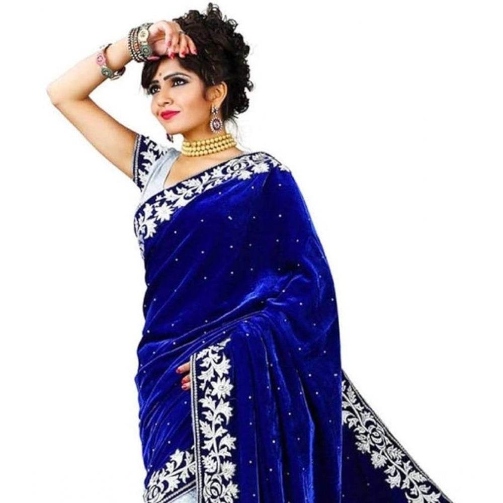 Generic Women's Velvet Embroidered Saree With Unstitched Blouse (Blue, 5.5 Mtr) - MYLUXURY LANE ENTERPRISE
