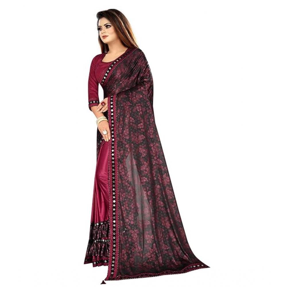 Generic Women's Lycra Solid Saree With Unstitched Blouse (Maroon, 5.5 Mtr) - MYLUXURY LANE ENTERPRISE