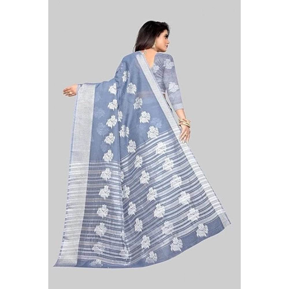 Generic Women's Cotton Silk Floral Saree With Unstitched Blouse (Grey, 5.5 Mtr) - MYLUXURY LANE ENTERPRISE
