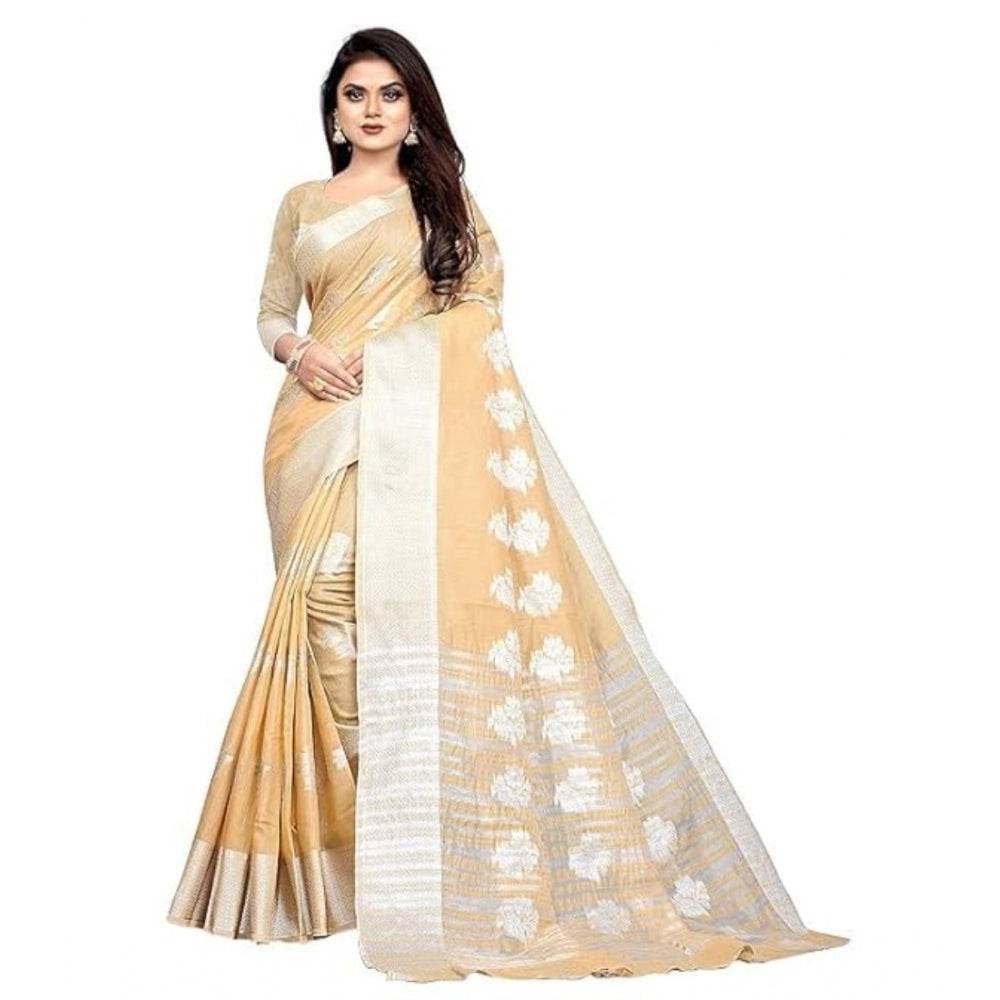 Generic Women's Cotton Silk Floral Saree With Unstitched Blouse (Beige, 5.5 Mtr) - MYLUXURY LANE ENTERPRISE