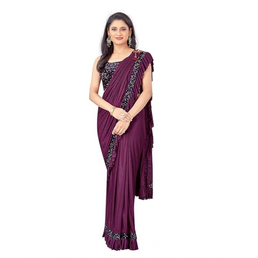 Generic Women's Lycra Solid Saree With Unstitched Blouse (Wine, 5.5 Mtr) - MYLUXURY LANE ENTERPRISE