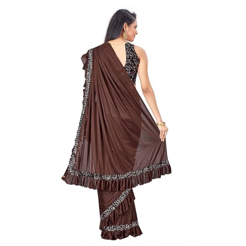 Generic Women's Lycra Solid Saree With Unstitched Blouse (Brown, 5.5 Mtr) - MYLUXURY LANE ENTERPRISE